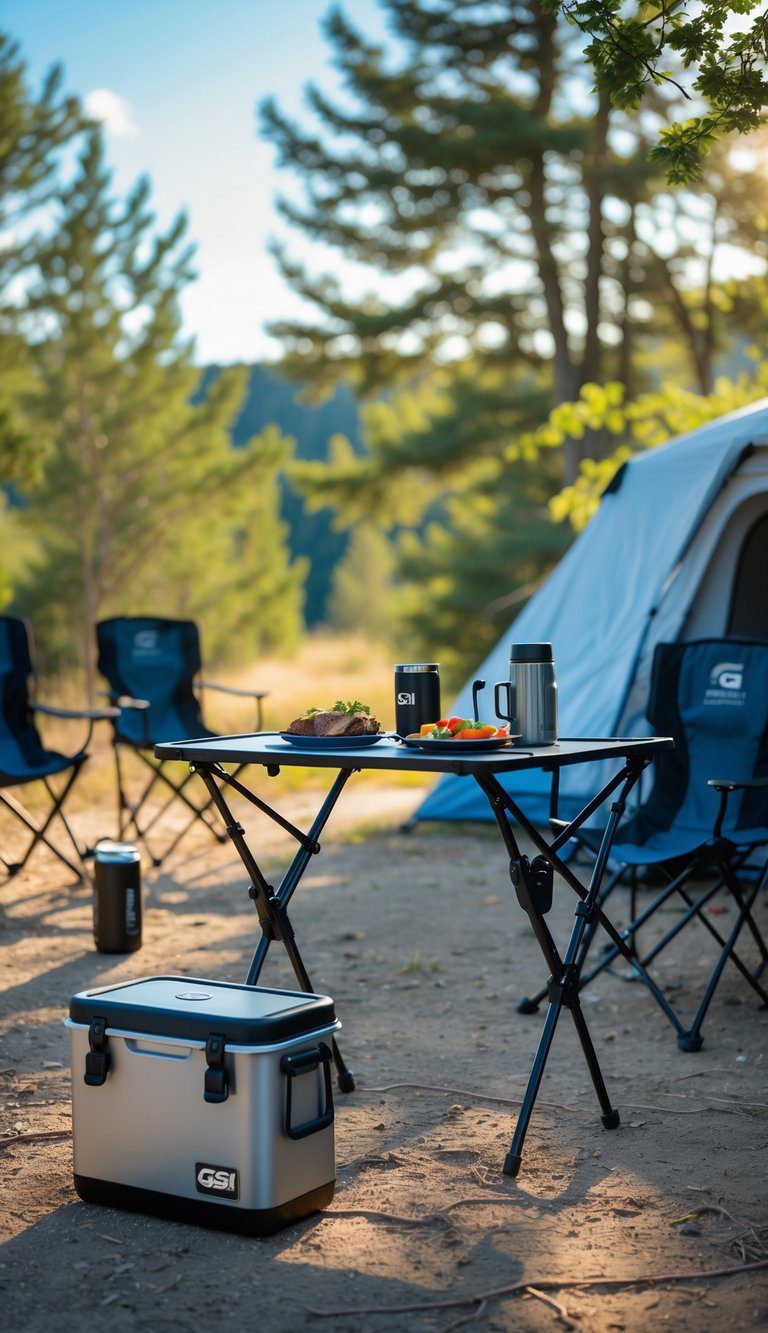 A folding camp table set up outdoors with camping gear and food in a natural forest setting.