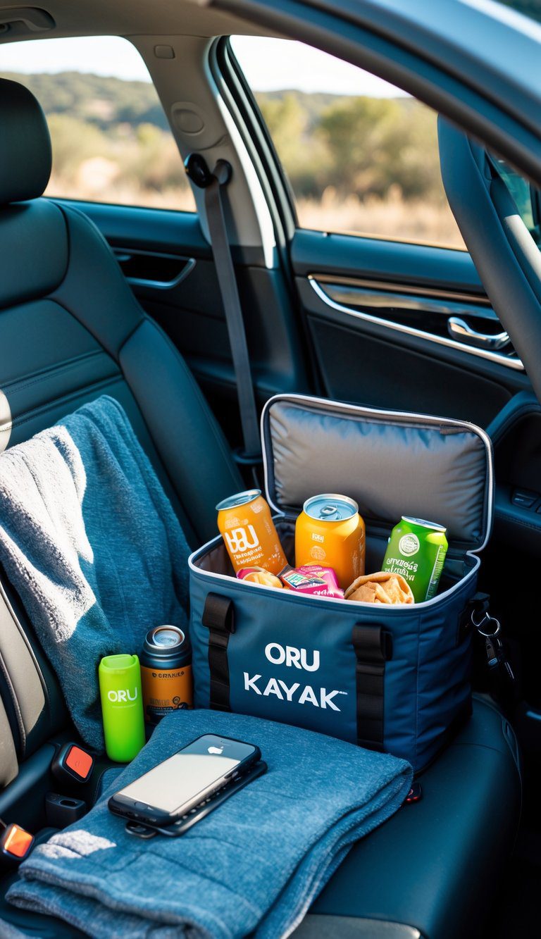 A foldable cooler bag filled with refreshments sits on a car seat surrounded by travel essentials inside a car during a road trip.