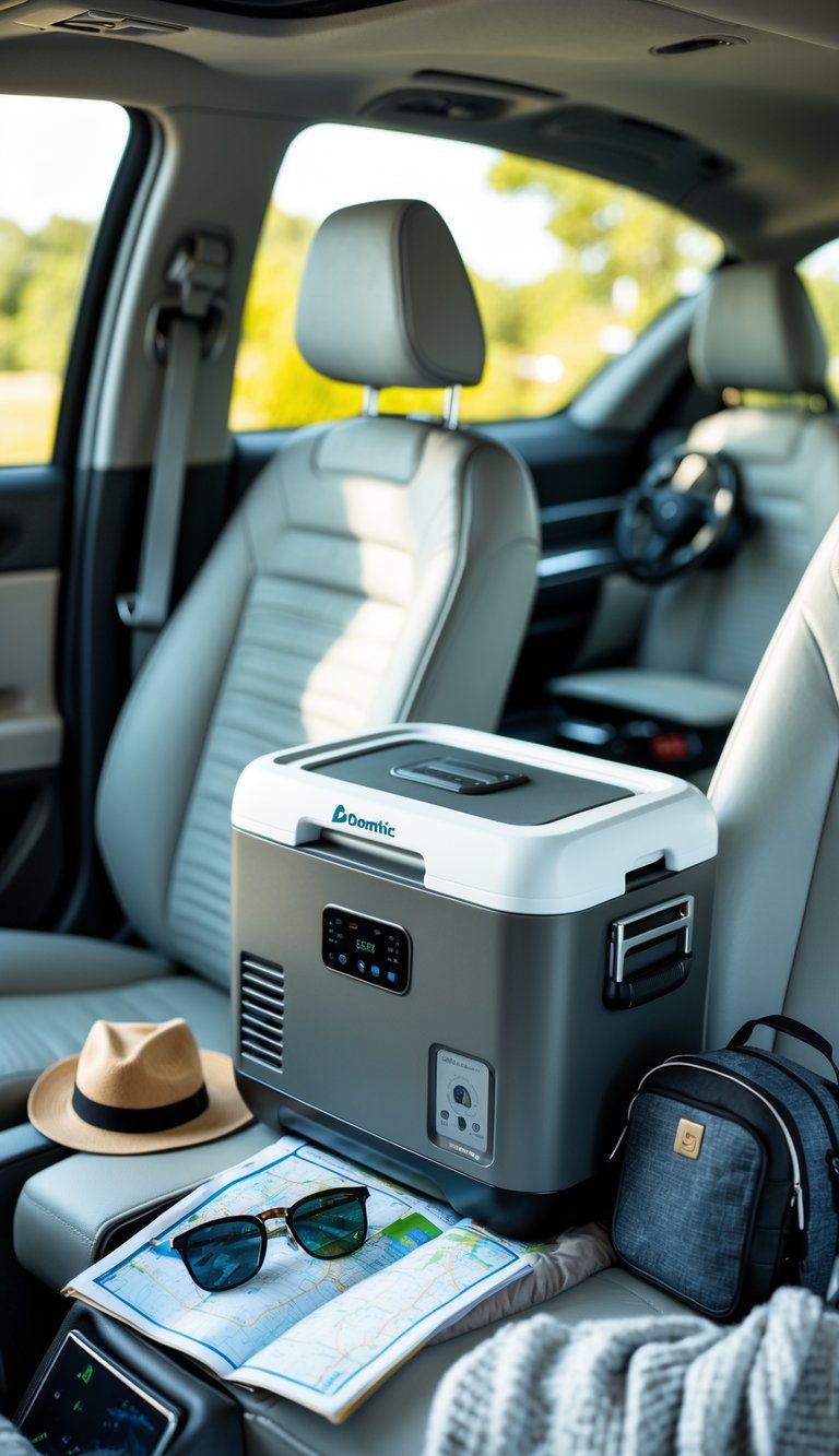 Dometic Tropicool TCX 14 portable cooler inside a car surrounded by travel essentials for a weekend road trip.