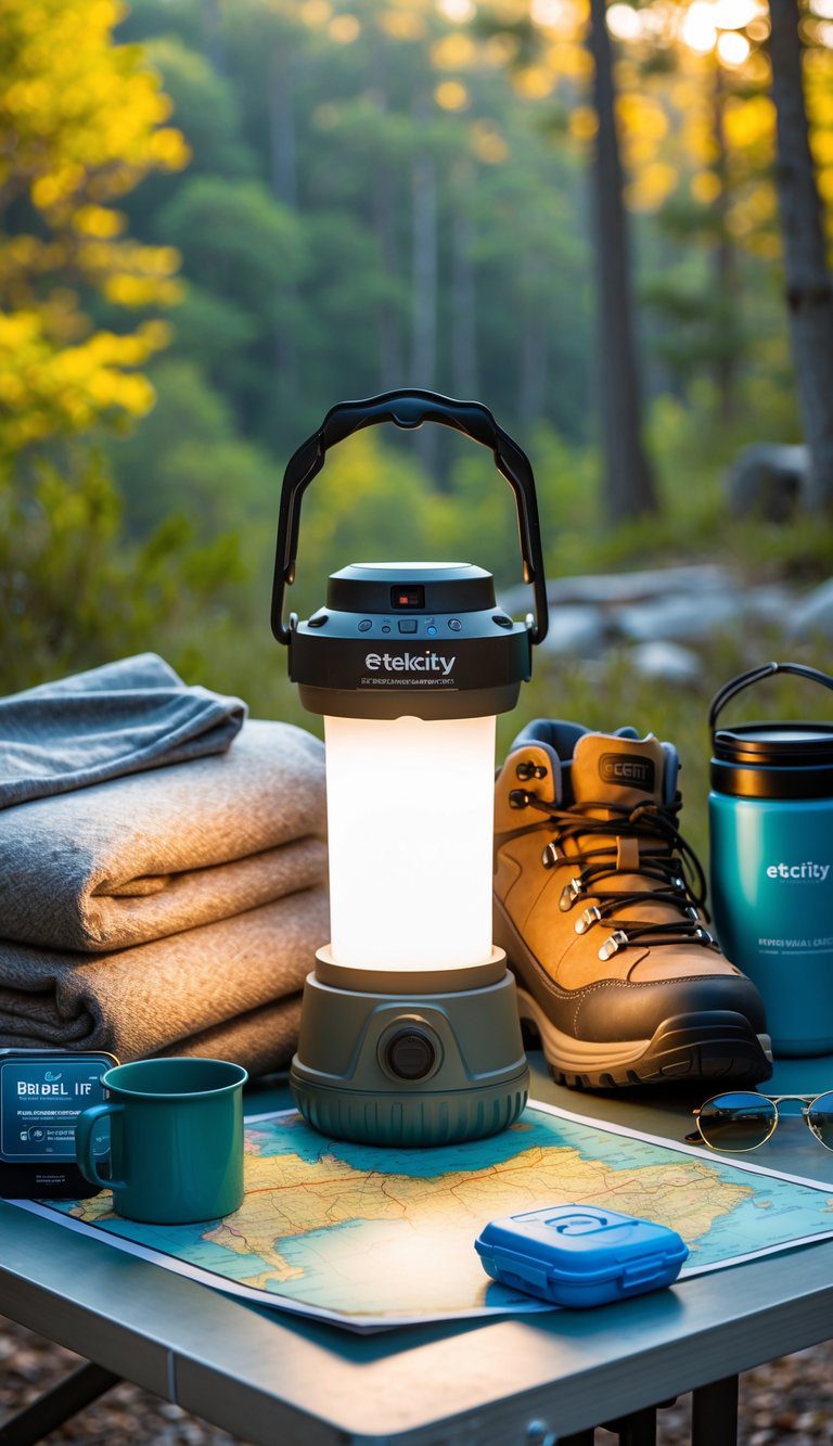 Camping lantern glowing on a picnic table surrounded by road trip essentials in a forest campsite.