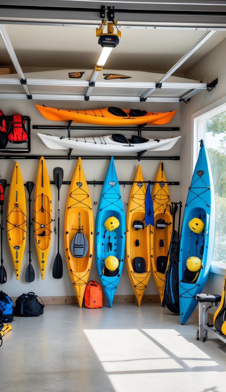 An organized garage with ten kayaks stored using wall racks, ceiling hoists, and freestanding racks, with paddles and gear neatly arranged off the floor.