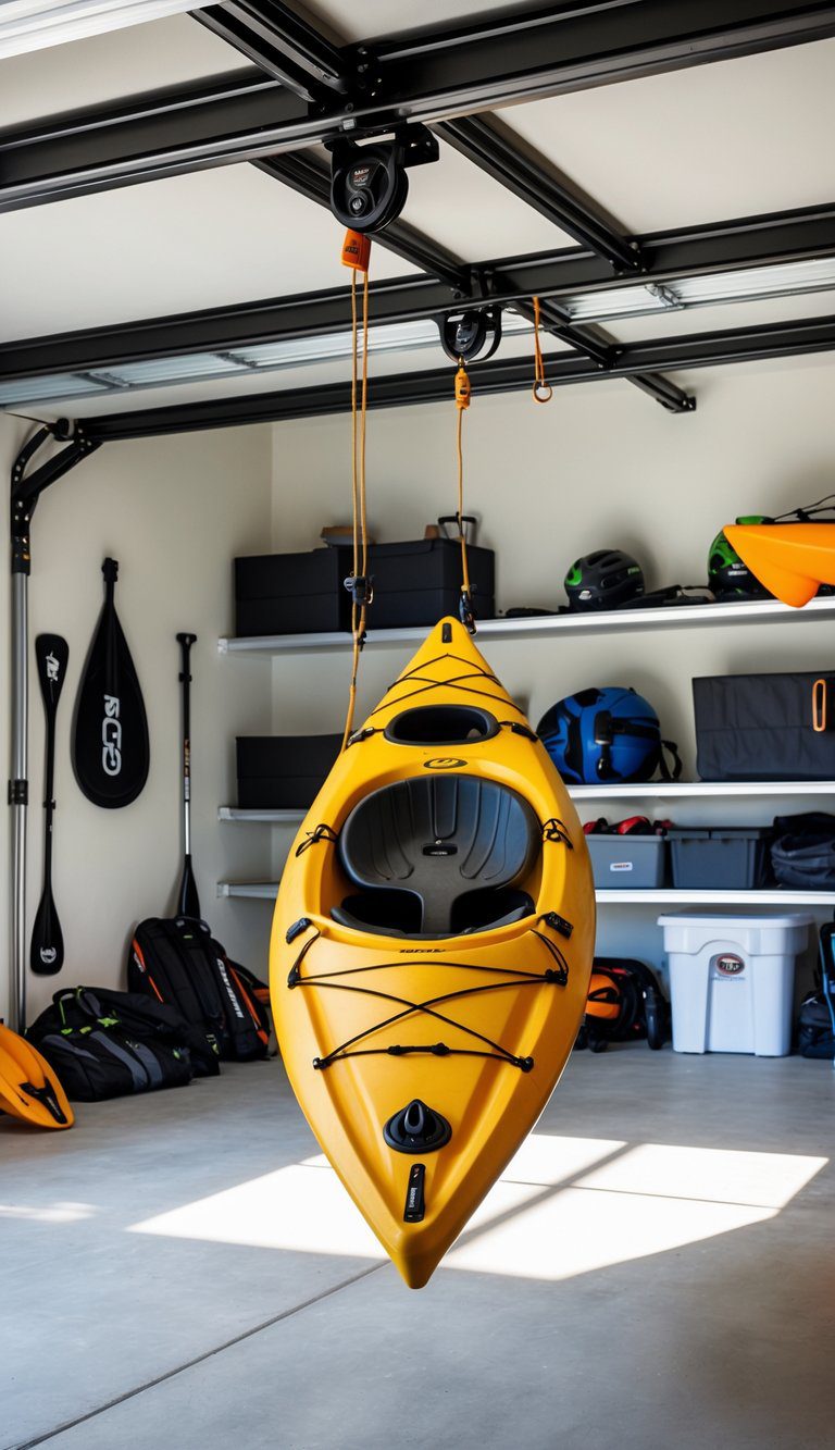 A kayak suspended from the ceiling in a garage using a pulley hoist system, with organized storage shelves and gear in the background.