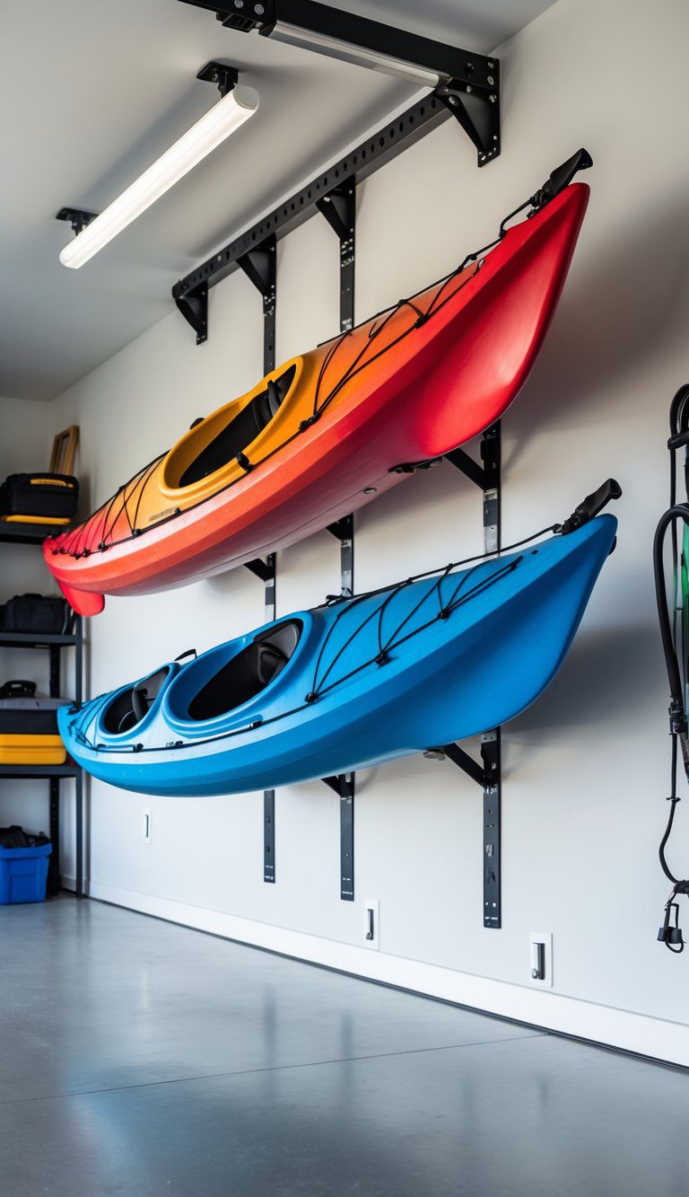 A garage with two kayaks stored vertically on a wall-mounted J-style rack, keeping the floor clear and organized.