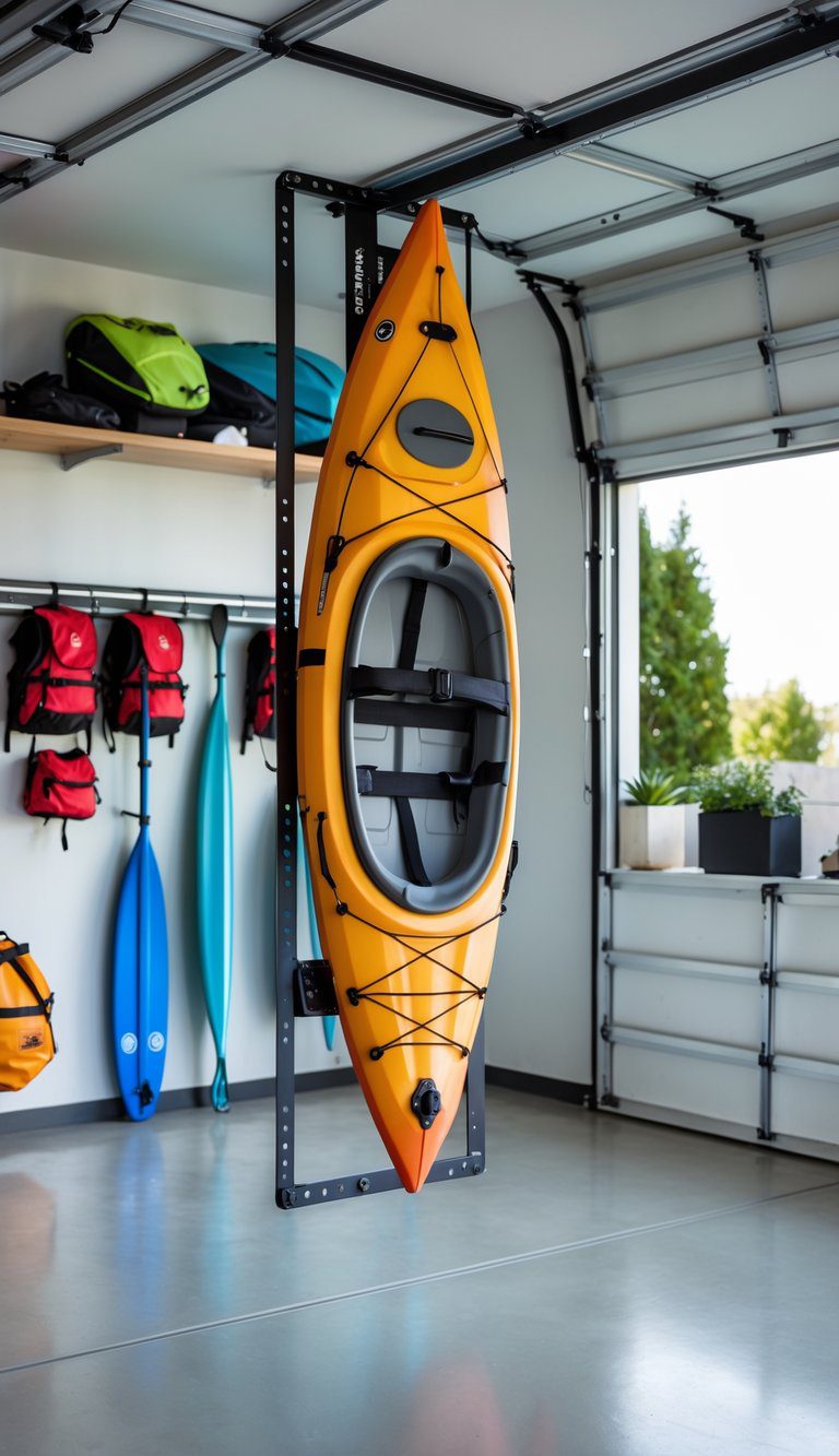 A kayak mounted horizontally on a wall rack in a clean and organized garage with outdoor gear neatly stored nearby.