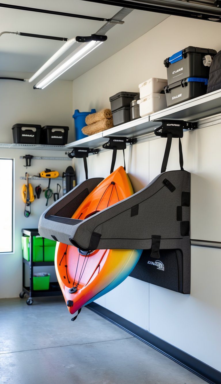 A kayak stored off the garage floor on an adjustable foam cradle wall rack with soft-padded arms in a clean and organized garage.