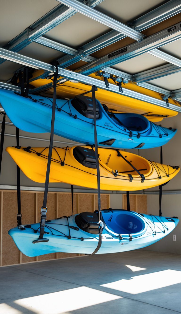 Overhead garage kayak storage system with reinforced ceiling rails and straps holding kayaks above the floor in a clean, organized garage.