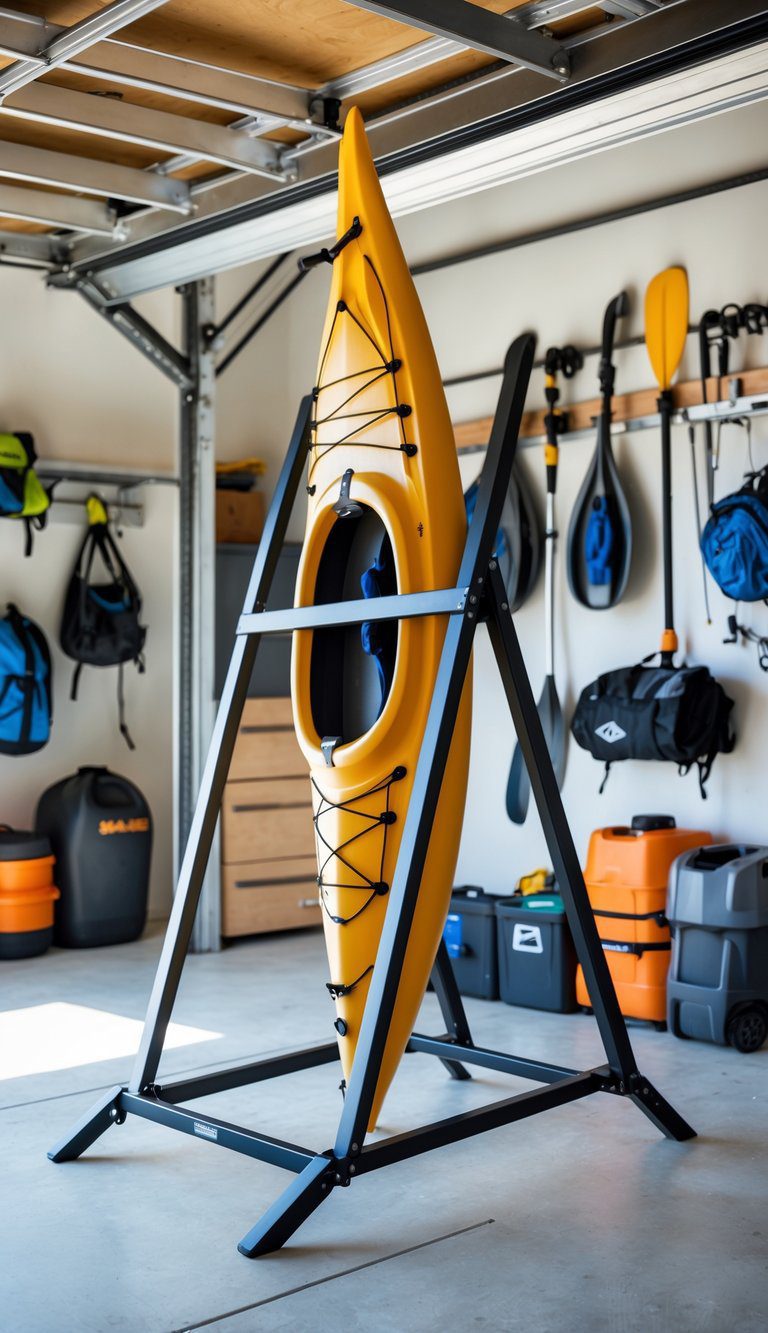 A freestanding foldable steel A-frame kayak stand holding a kayak in a clean, organized garage with shelves and kayaking equipment.