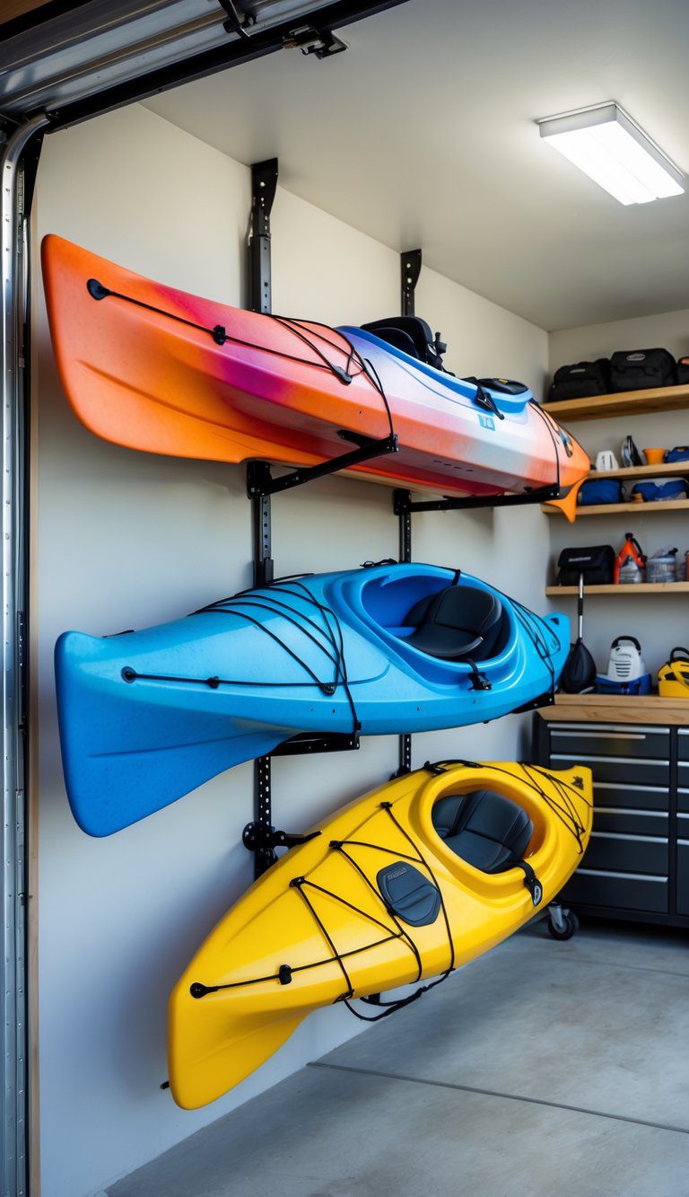 A pair of heavy-duty saddle-style wall racks holding two kayaks mounted on a garage wall, keeping the kayaks off the floor in an organized storage area.
