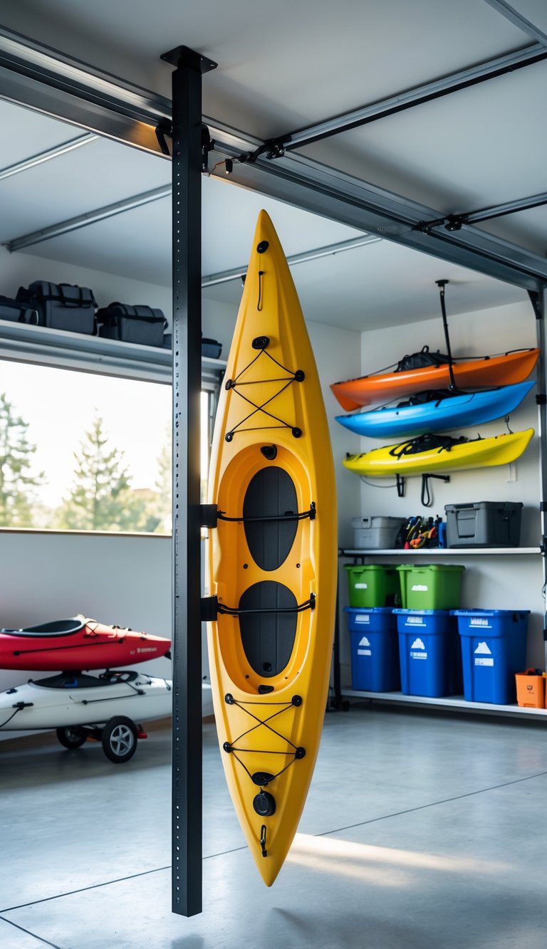 A kayak stored vertically on a floor-to-ceiling tension pole inside a clean and organized garage.
