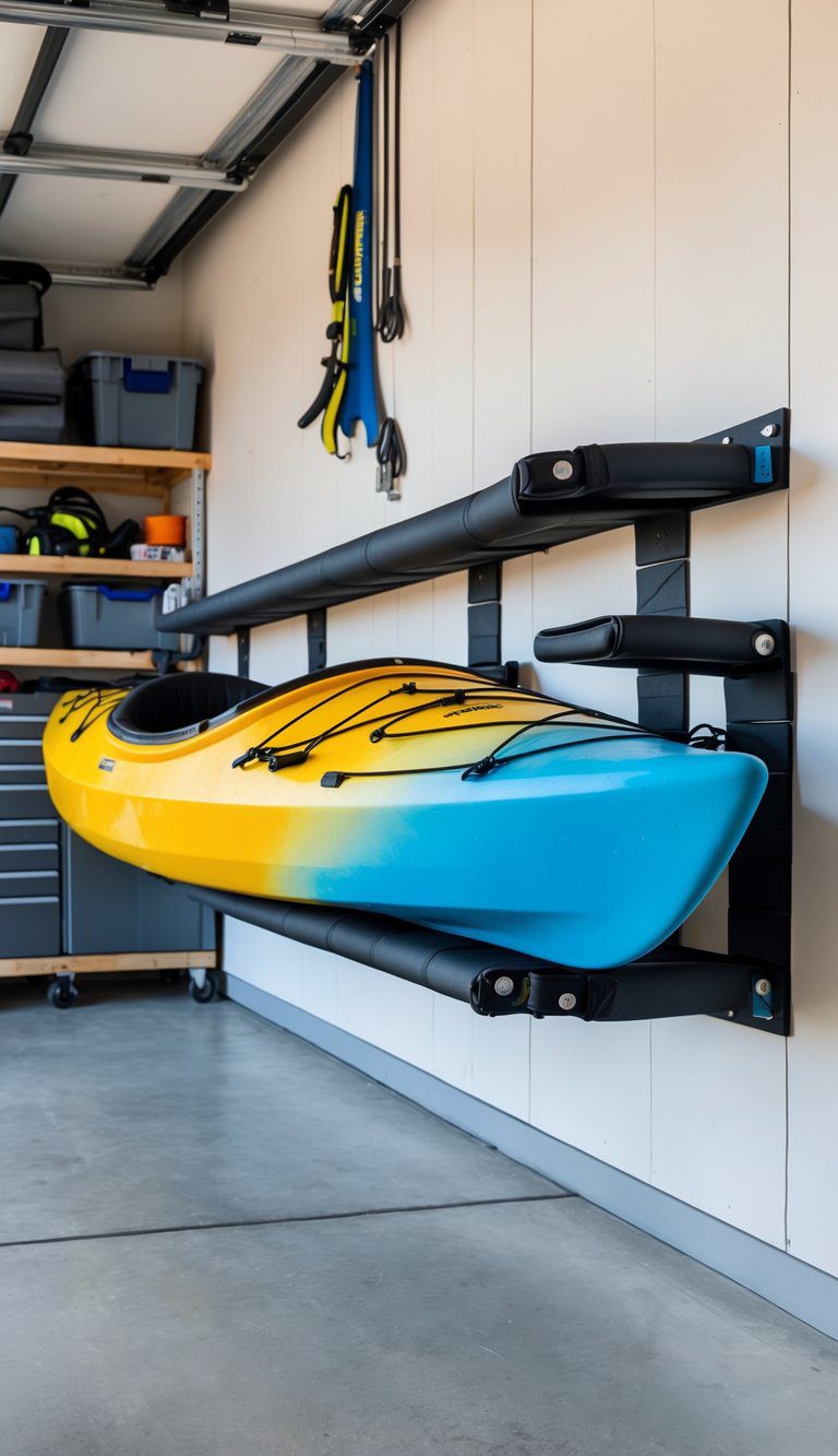 A kayak stored horizontally on a PVC wall rack with padded supports in a clean and organized garage.