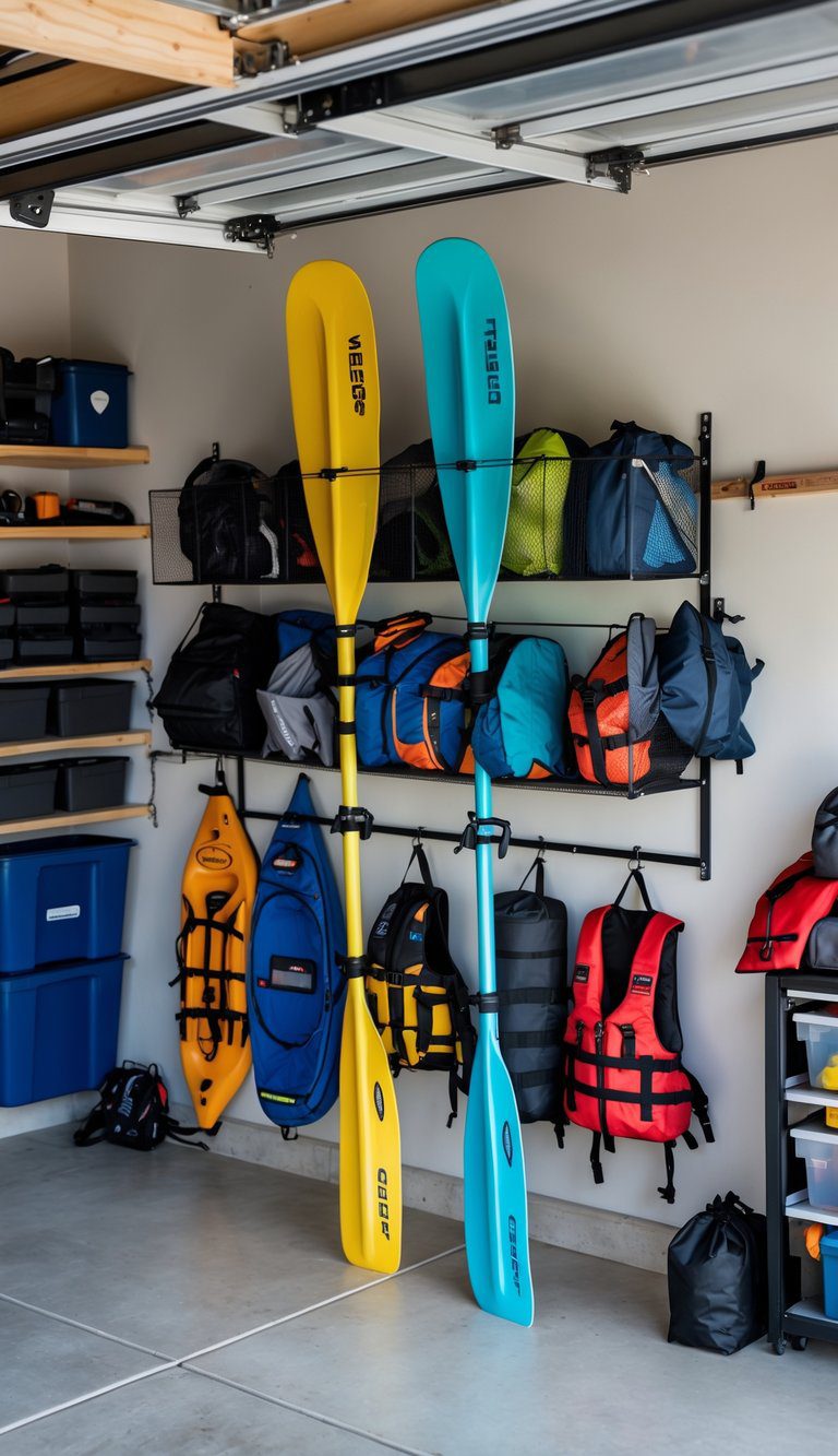 A garage interior with a mounted paddle and gear organizer holding kayak paddles and gear, keeping the floor clear.
