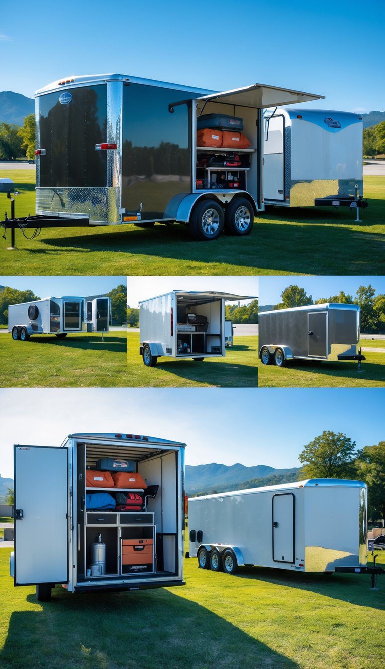Several enclosed trailers parked outdoors on grass with camping gear and tools visible inside some, surrounded by trees and mountains under a clear sky.