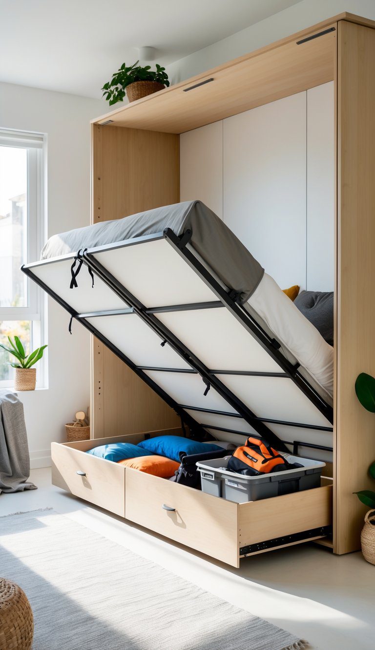 A fold-out Murphy bed partially unfolded with open underframe storage containing camping gear and project tools in a bright, tidy living space.