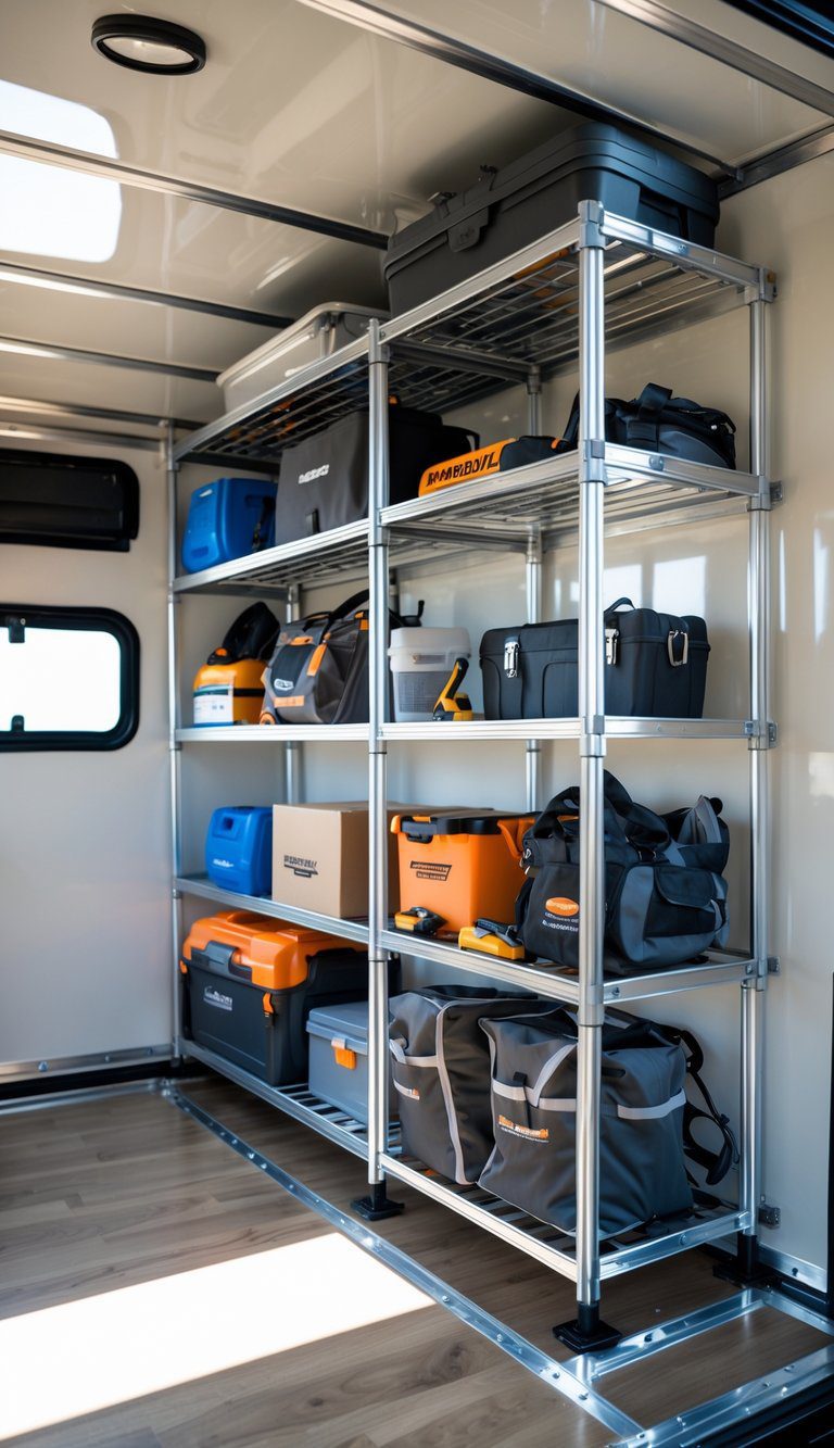 Interior of an enclosed trailer with removable steel shelving racks holding camping gear, storage boxes, and tools.