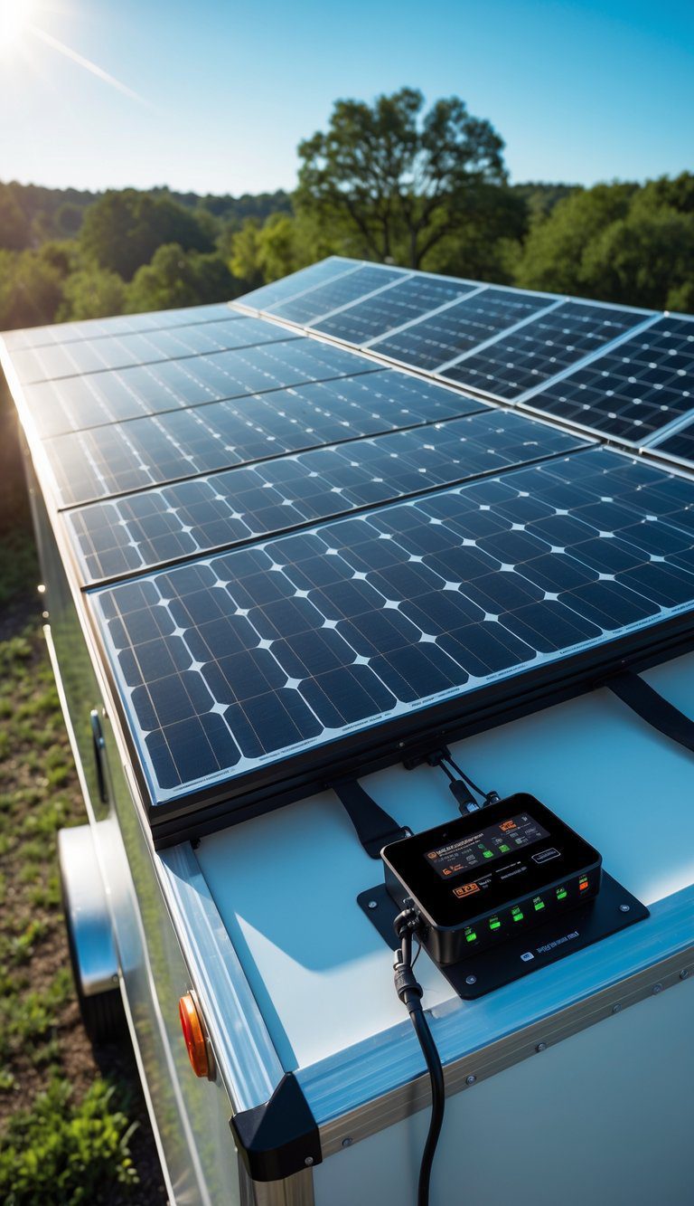 Rooftop solar panels with a charge controller mounted on an enclosed trailer parked outdoors surrounded by trees.