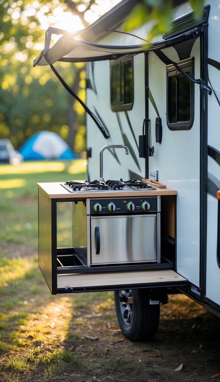 Slide-out kitchenette module with sink and propane stove attached to an enclosed trailer at a campsite surrounded by trees.