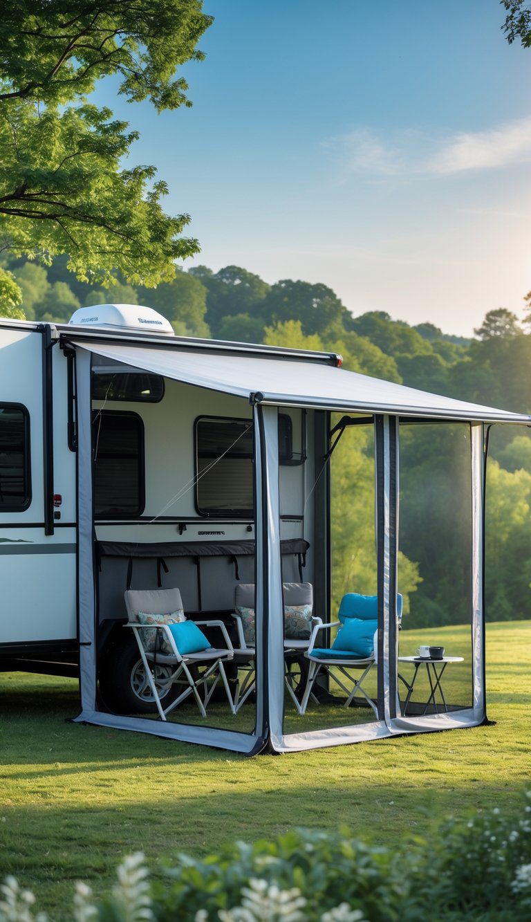 An enclosed trailer with a detachable awning and screen room set up outdoors surrounded by trees and clear sky.