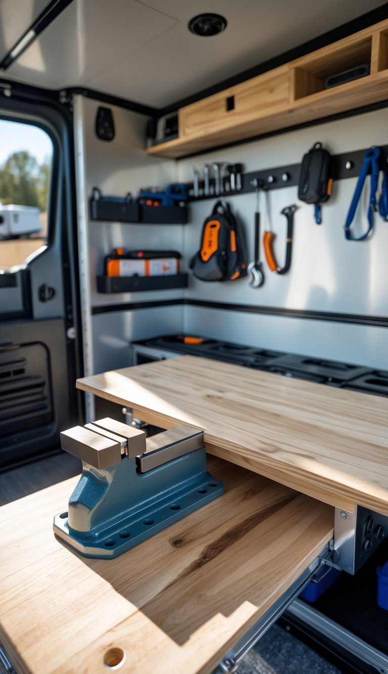 Foldaway workbench with integrated vice set up inside an enclosed trailer, surrounded by organized camping and storage equipment.