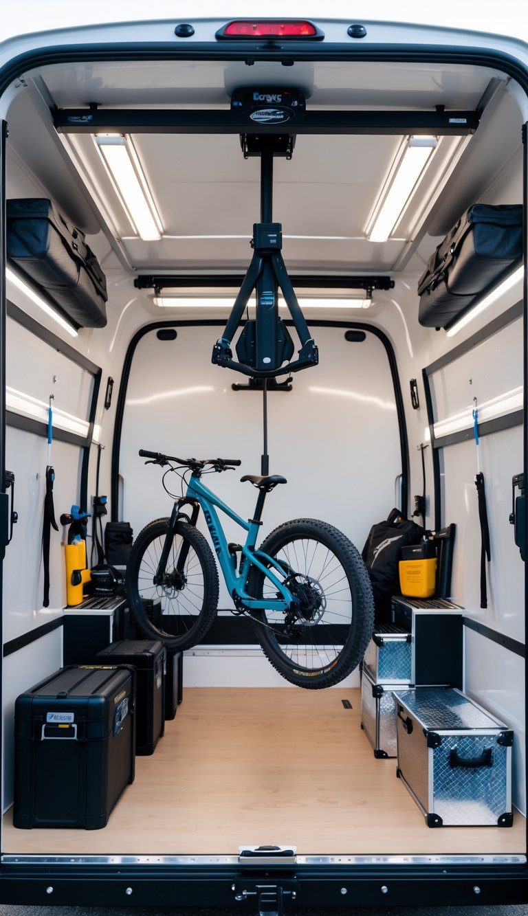 An enclosed trailer interior with an electric overhead bike hoist lifting a mountain bike, surrounded by organized camping gear and storage boxes.