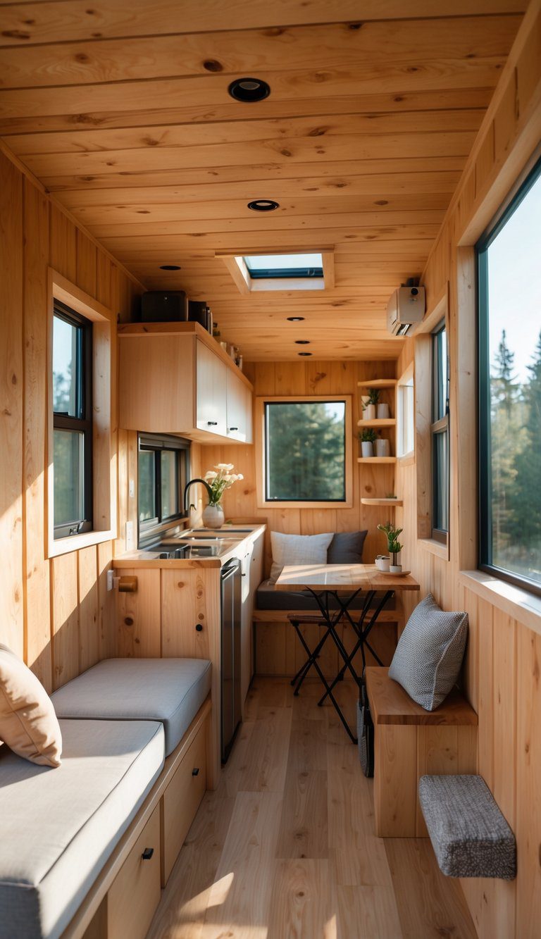 Interior of a small cedar wood-clad tiny home with built-in storage, a kitchenette, and seating area inside an enclosed trailer.