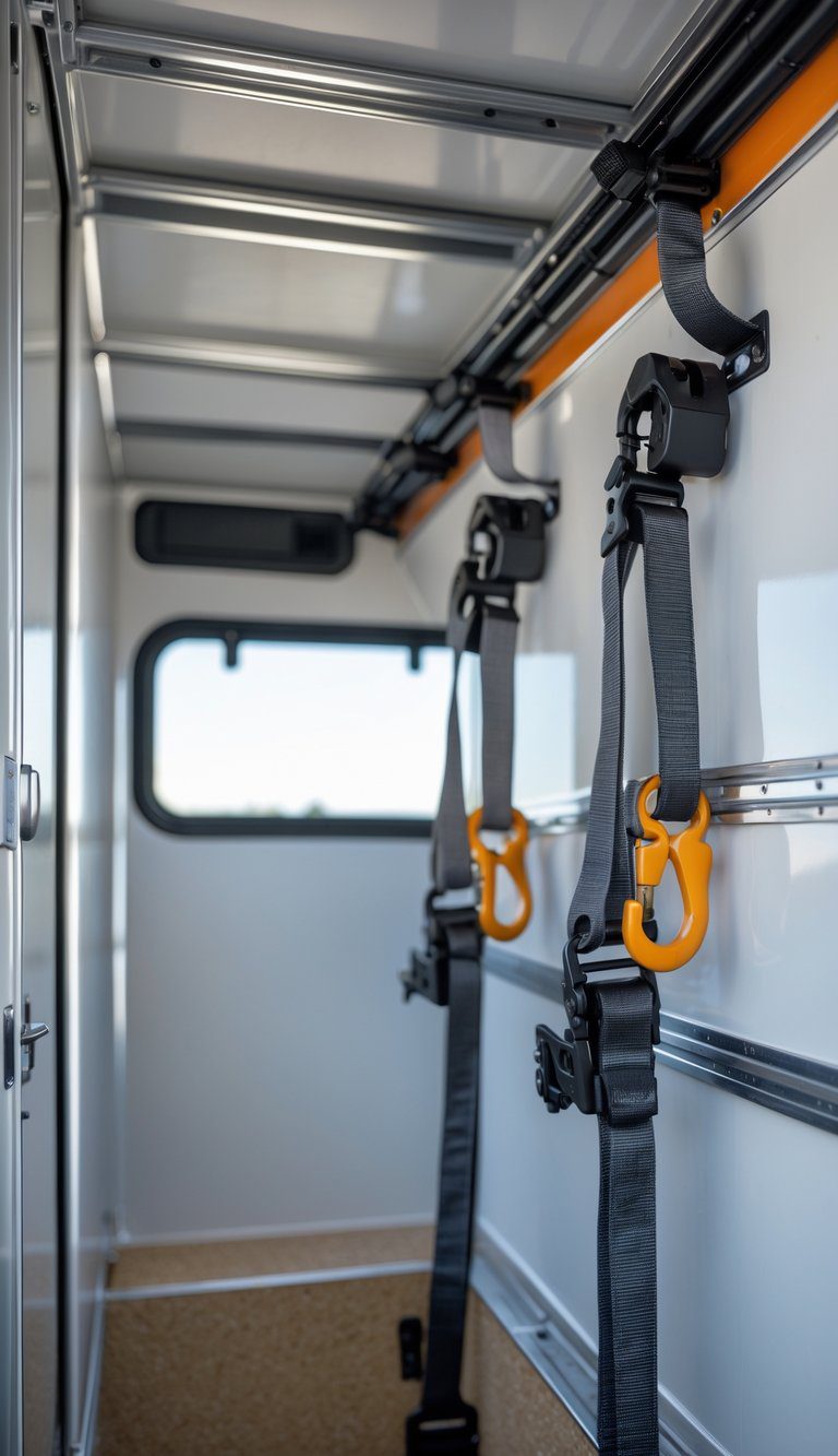 Interior of an enclosed trailer showing a heavy-duty E-track cargo anchoring system with straps and hooks securing cargo.