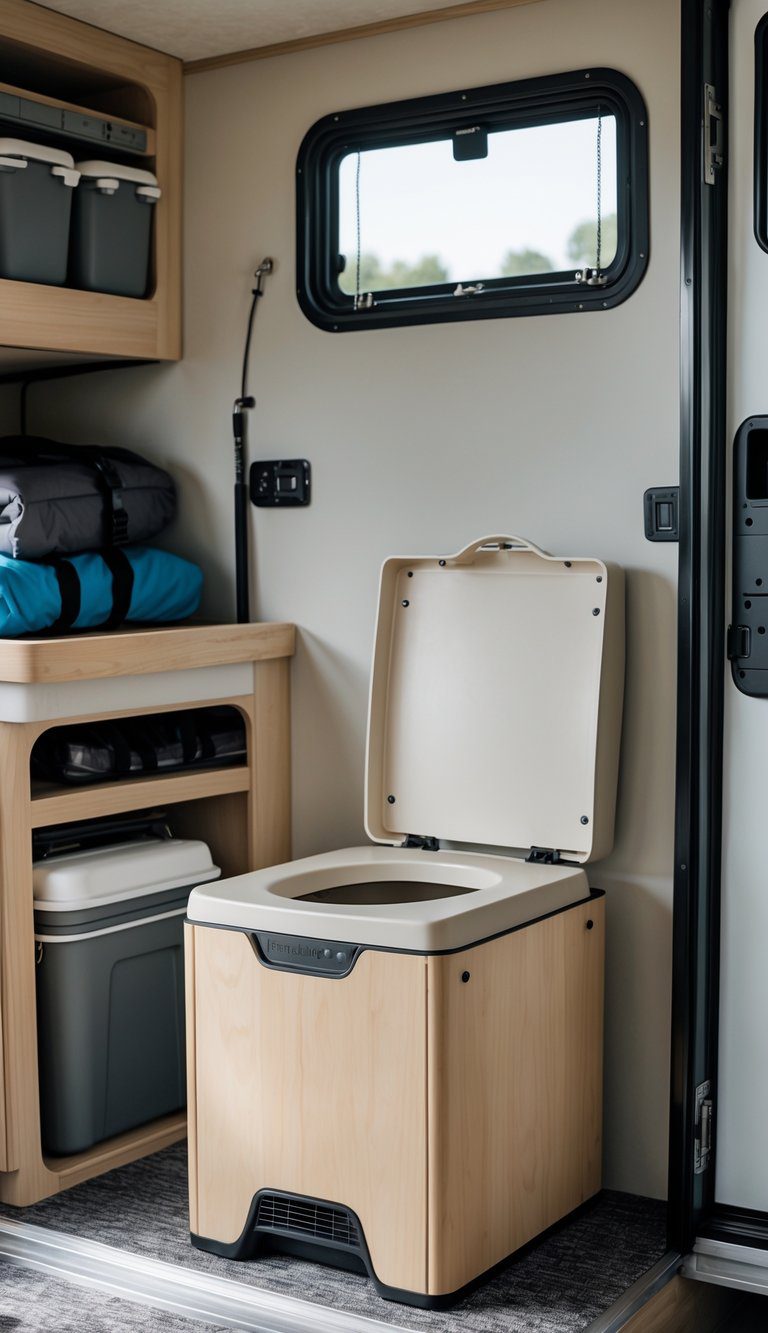 A portable composting toilet cabinet inside an organized enclosed camping trailer with camping gear and storage compartments.