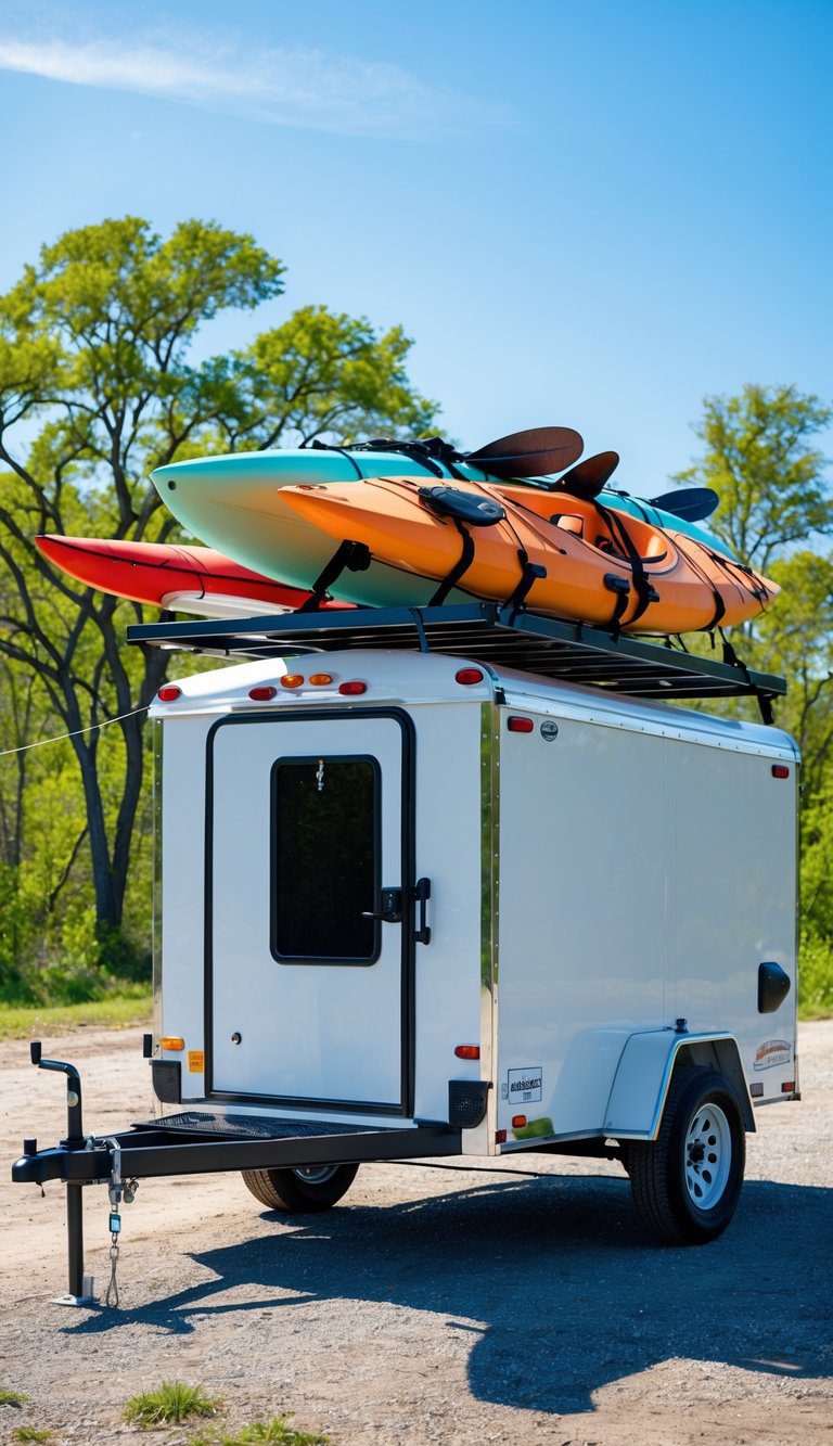 An enclosed trailer parked outdoors with a roof-mounted carrier holding a kayak and a surfboard against a backdrop of trees and blue sky.