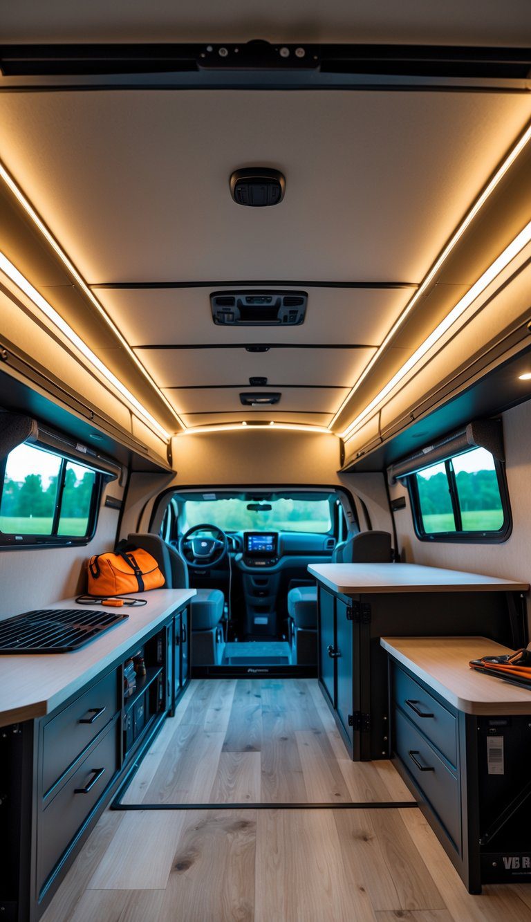 Interior of an enclosed trailer with LED puck lighting and dimmer strip, showing organized storage and camping gear.
