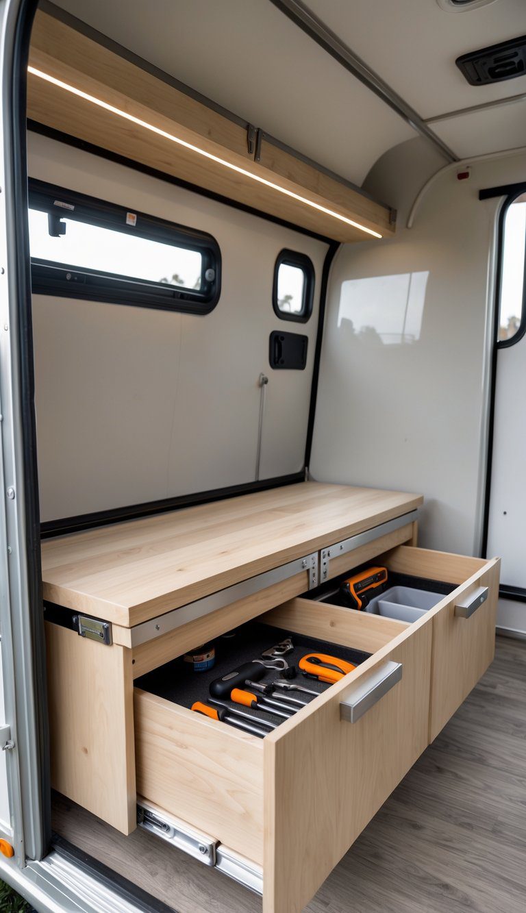 Foldable wooden bench with hidden tool drawers open inside an enclosed trailer, showing organized tools for camping and storage.