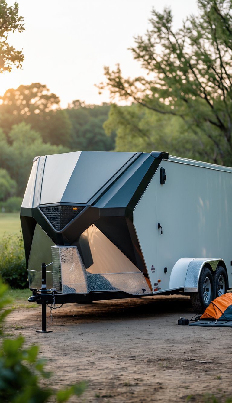 An enclosed trailer with a front V-nose aerodynamic storage box parked outdoors near greenery and camping gear.