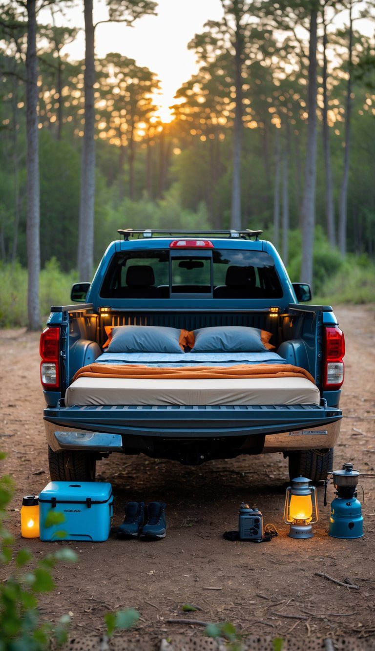 Pickup truck parked in a forest clearing with a comfortable camping setup in the truck bed, surrounded by trees and soft sunlight.