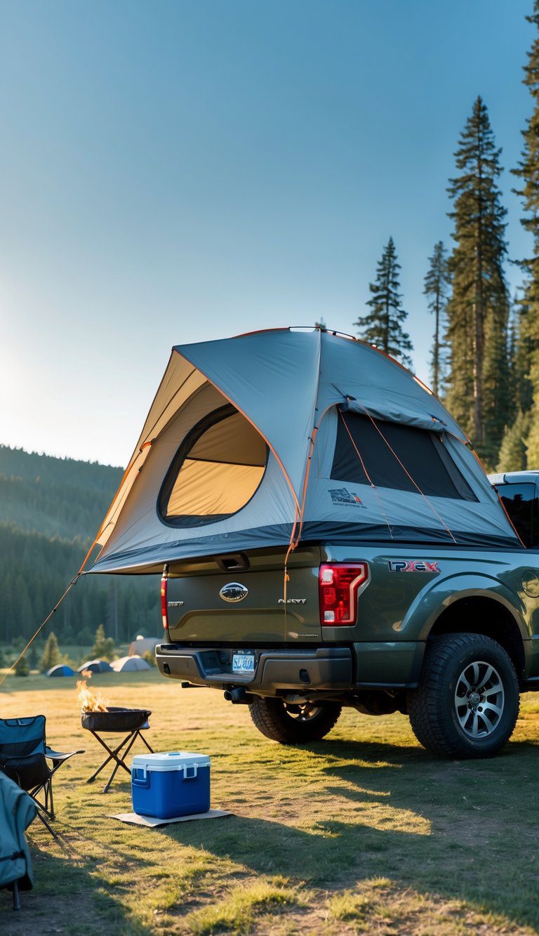 A lightweight truck bed tent set up on the back of a pickup truck in a forest clearing with camping gear nearby.