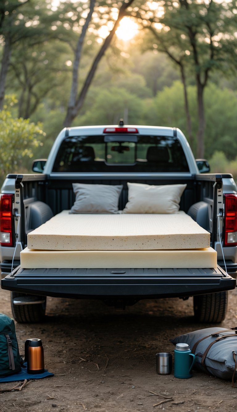 Pickup truck bed with a memory foam mattress topper and bedding set up for camping in a natural outdoor setting.