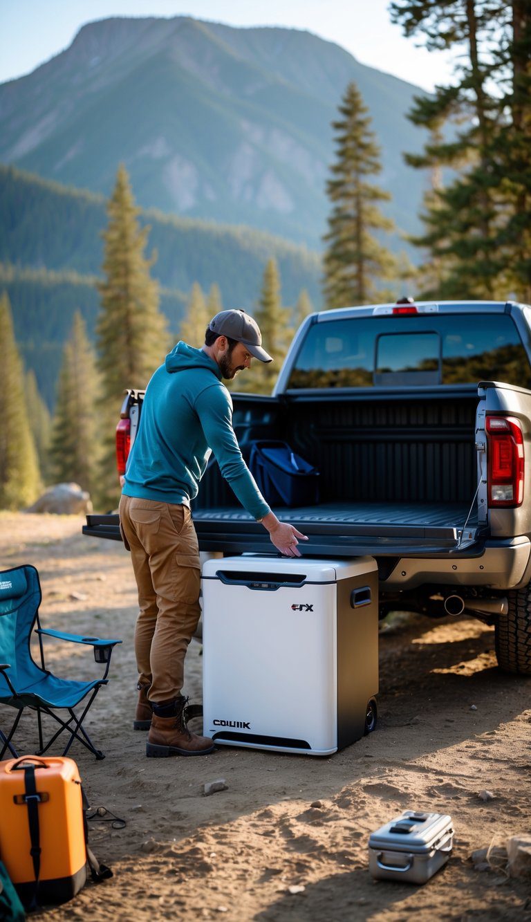 Person installing a portable fridge in the bed of a pickup truck parked outdoors with camping gear around.