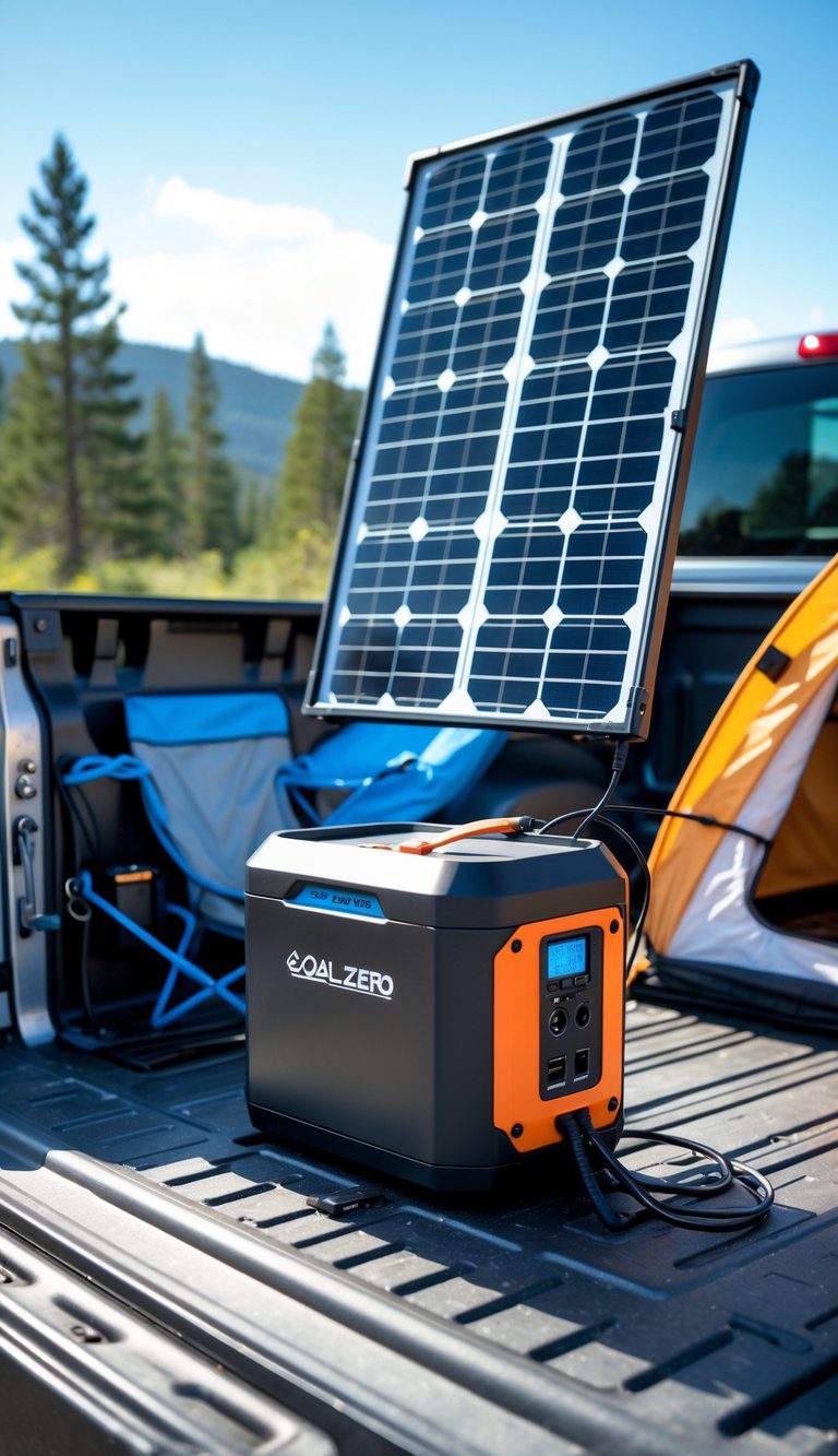 A pickup truck bed with a Goal Zero Yeti power station connected to a solar panel, surrounded by camping gear in a natural outdoor setting.