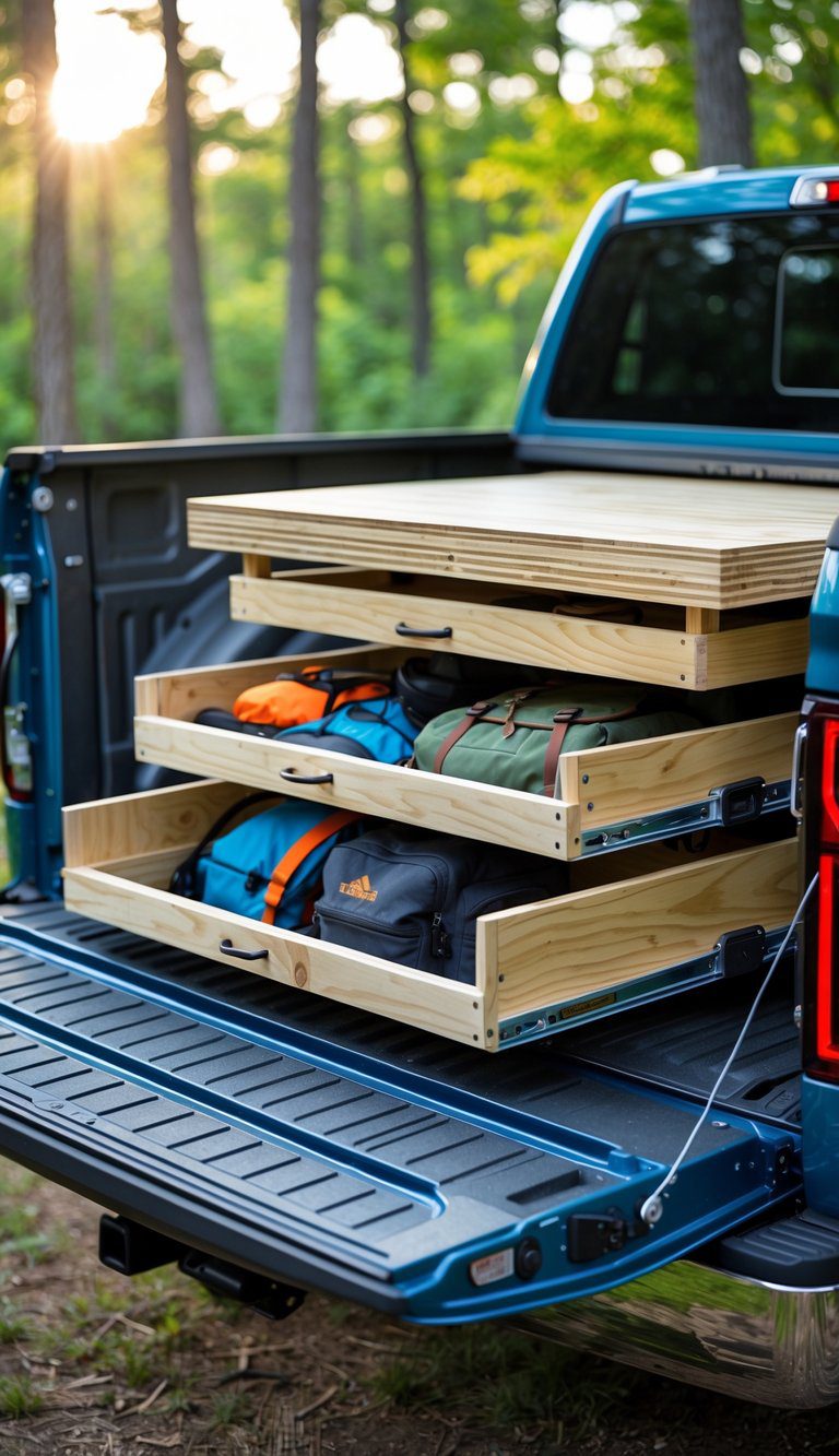 Pickup truck bed with a plywood platform and open under-bed storage drawers filled with camping gear in an outdoor setting.