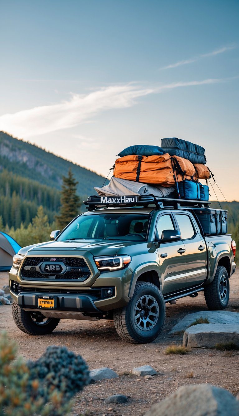 Pickup truck with a roof rack loaded with camping gear parked in a forested outdoor area.