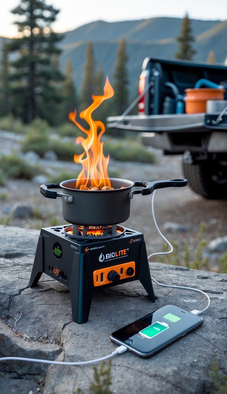 A BioLite CampStove 2 burning on the ground near a pickup truck bed, cooking food and charging a device outdoors.