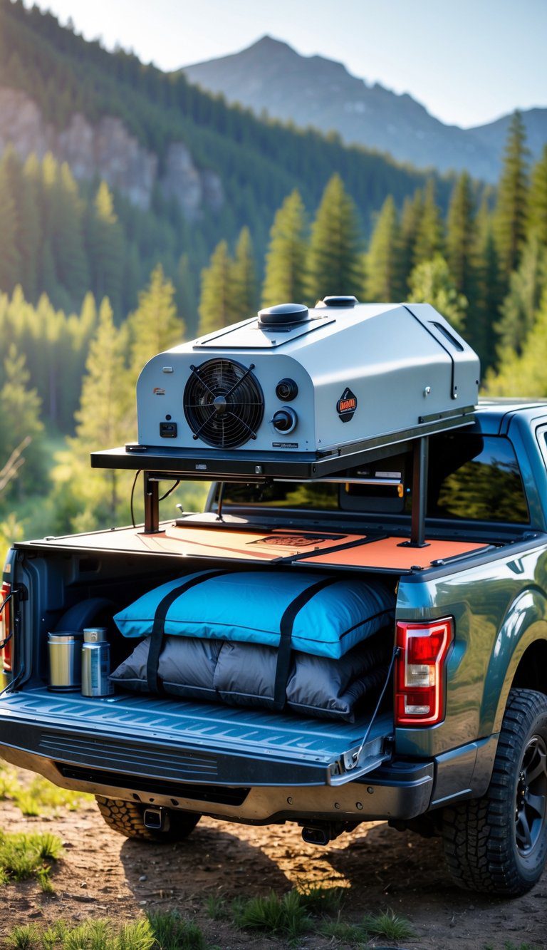 Pickup truck with a rooftop ventilation fan set up for camping in a natural outdoor environment.
