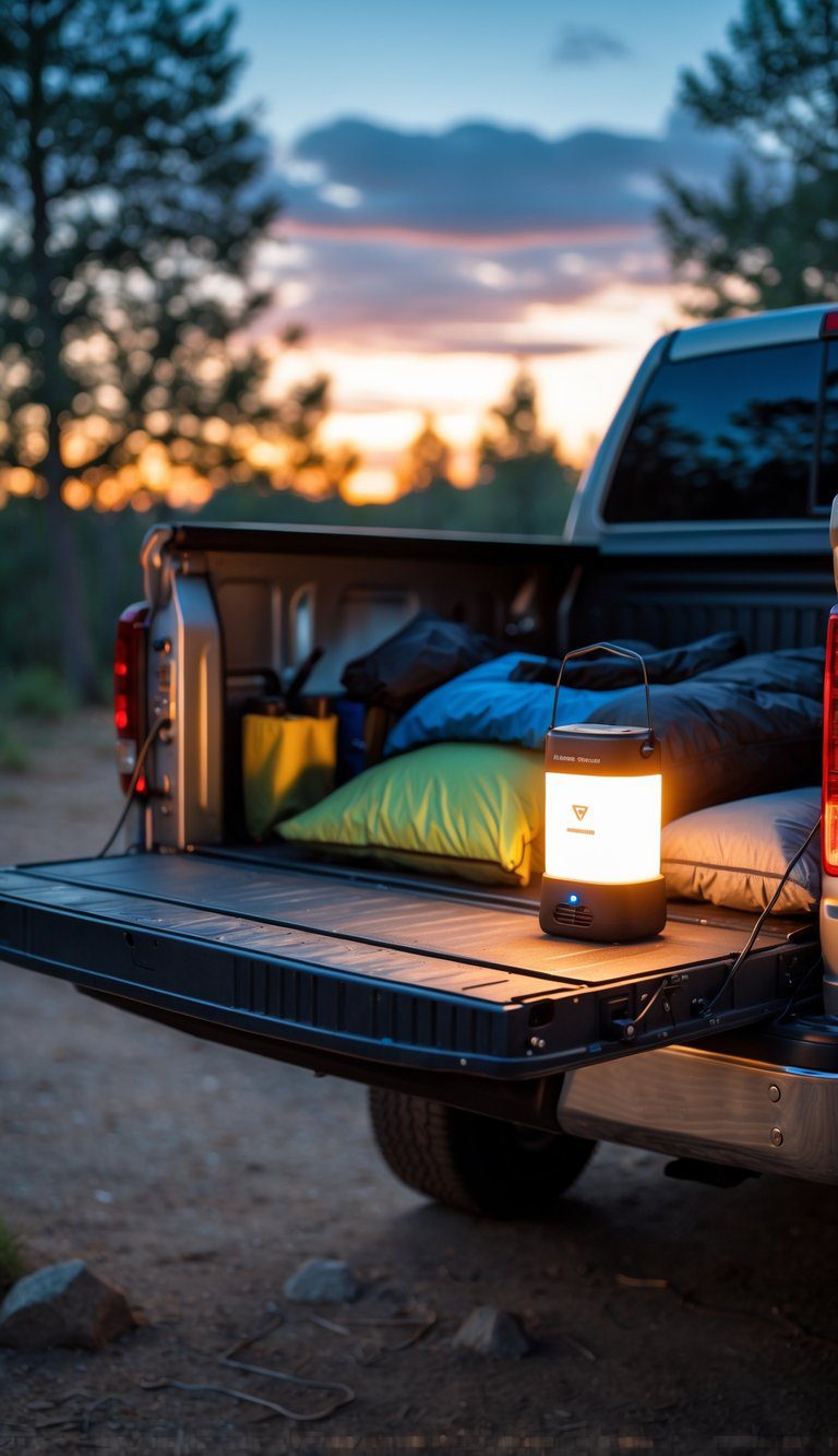 A pickup truck bed set up for camping with a glowing rechargeable LED lantern at dusk in a natural outdoor setting.