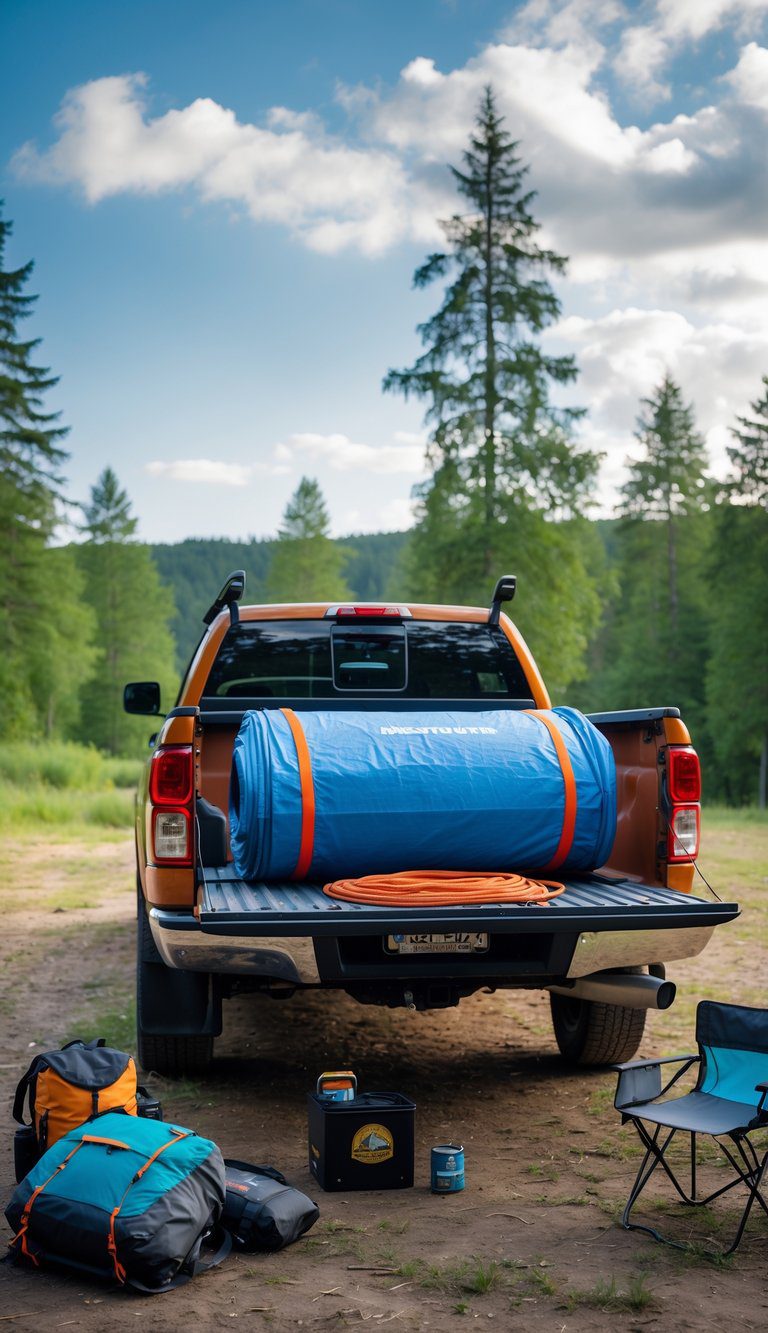 Pickup truck bed with a rolled tarp and ridgeline rope on the tailgate, surrounded by camping gear in a forest clearing.