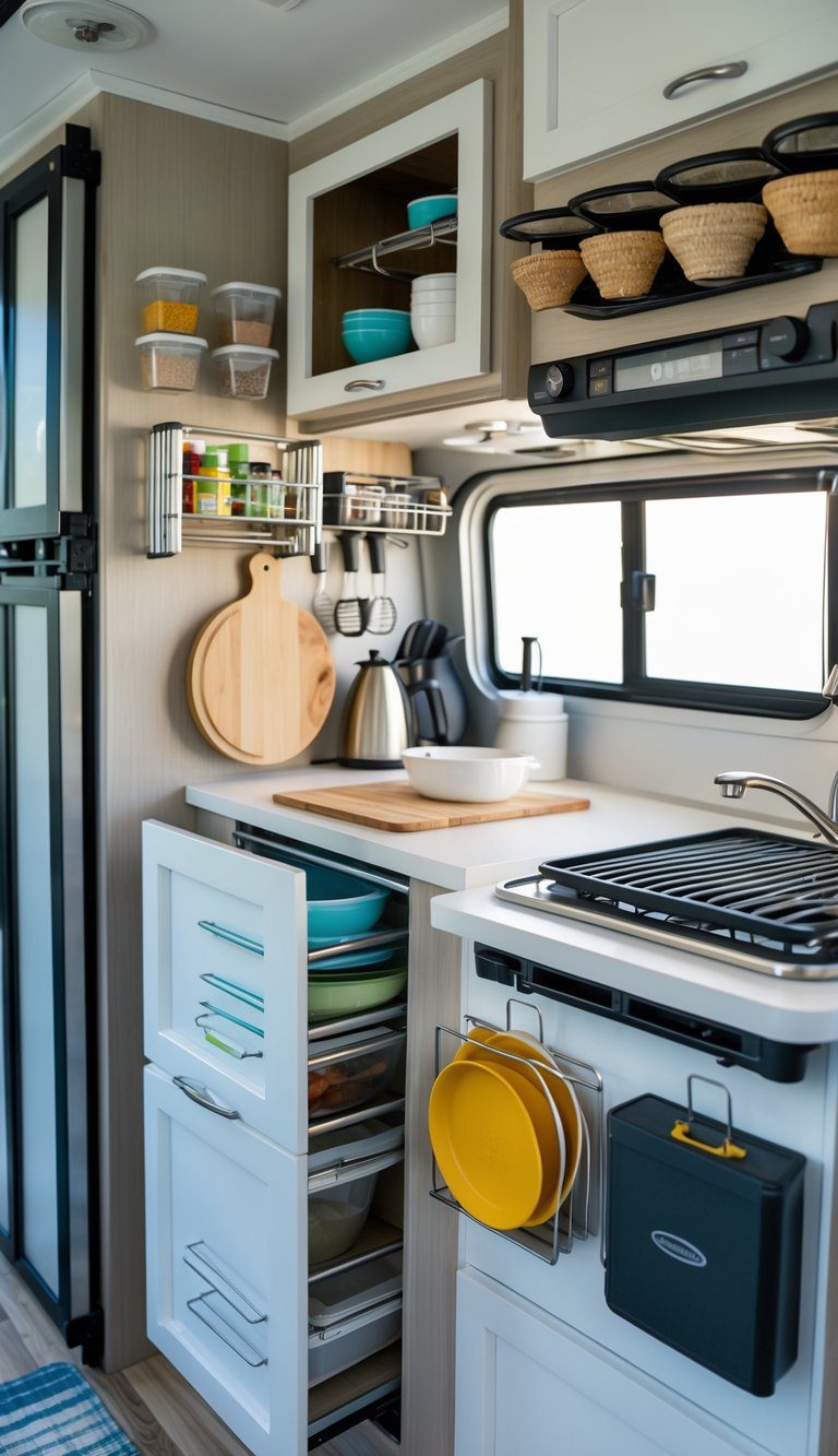 A small camper kitchen with organized cabinets, storage containers, hanging utensils, and a tidy countertop.