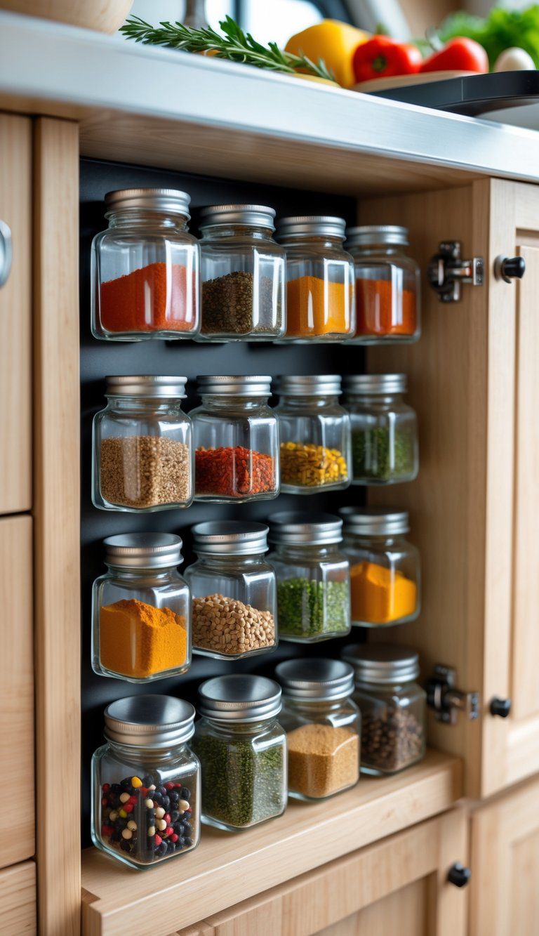 Magnetic spice jars neatly arranged inside a small RV kitchen cabinet with light wood interior and fresh vegetables on the countertop.