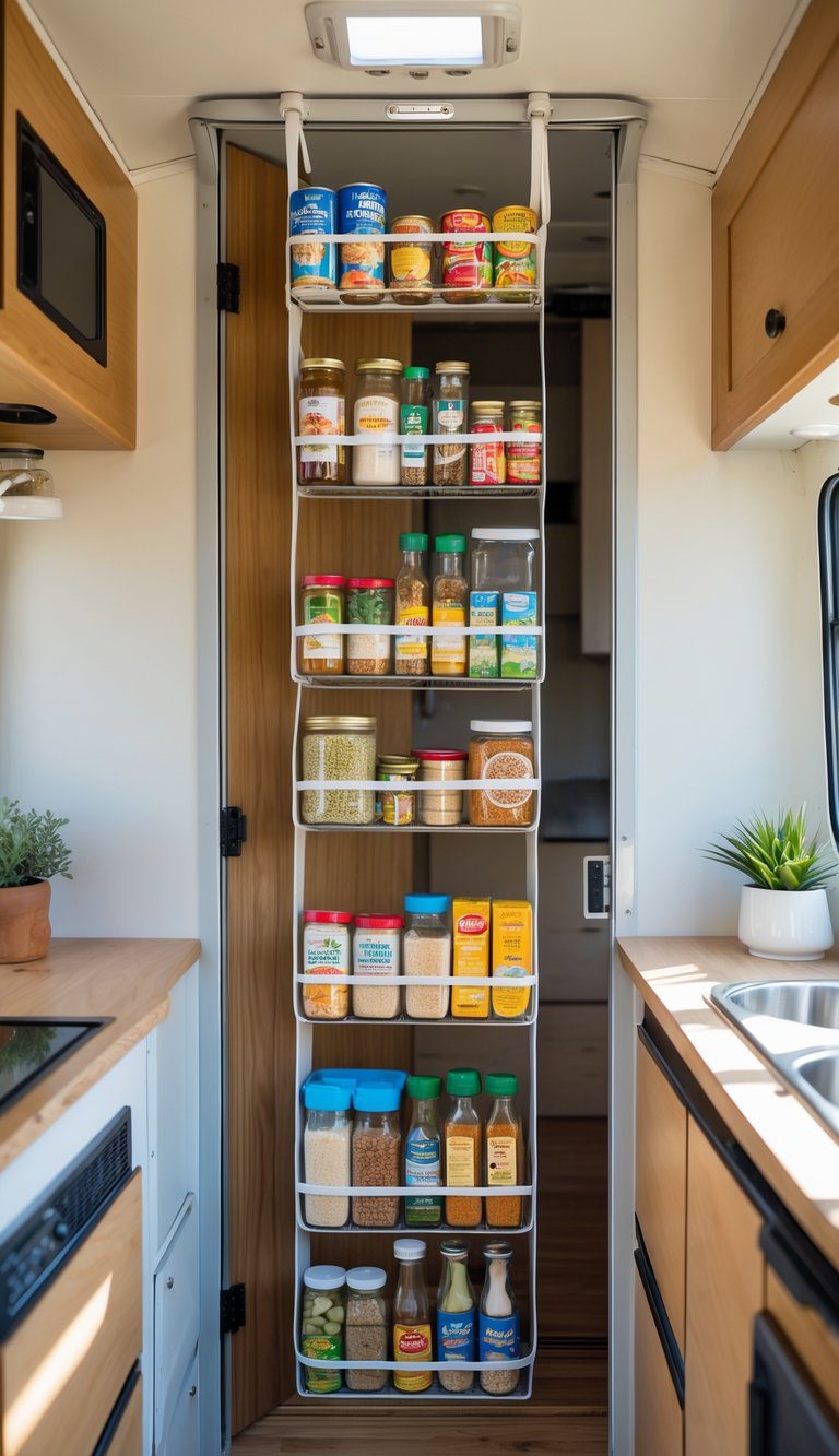 Over-the-door pantry organizer filled with kitchen supplies inside a small camper kitchen.