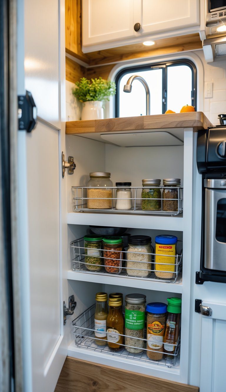 An organized camper kitchen cabinet with adjustable wire baskets holding kitchen items inside a small space.