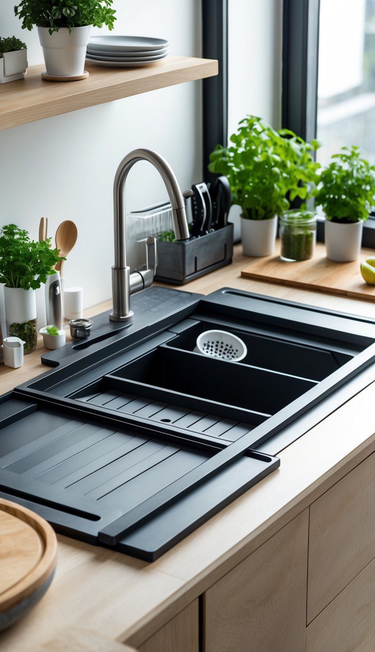 A tiny kitchen countertop with an accordion-style cutting board expanded over the sink, surrounded by organized kitchen tools and small plants.