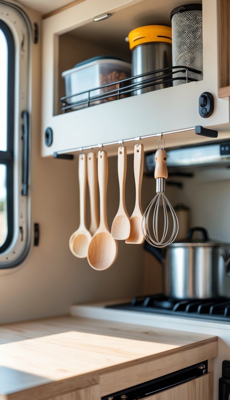 A small camper kitchen with a utensil rail mounted on the wall holding various kitchen tools above a countertop and tight cabinets.