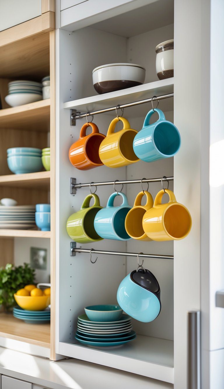 A small kitchen cabinet with an expandable tension rod holding several colorful mugs, surrounded by neatly arranged kitchenware.