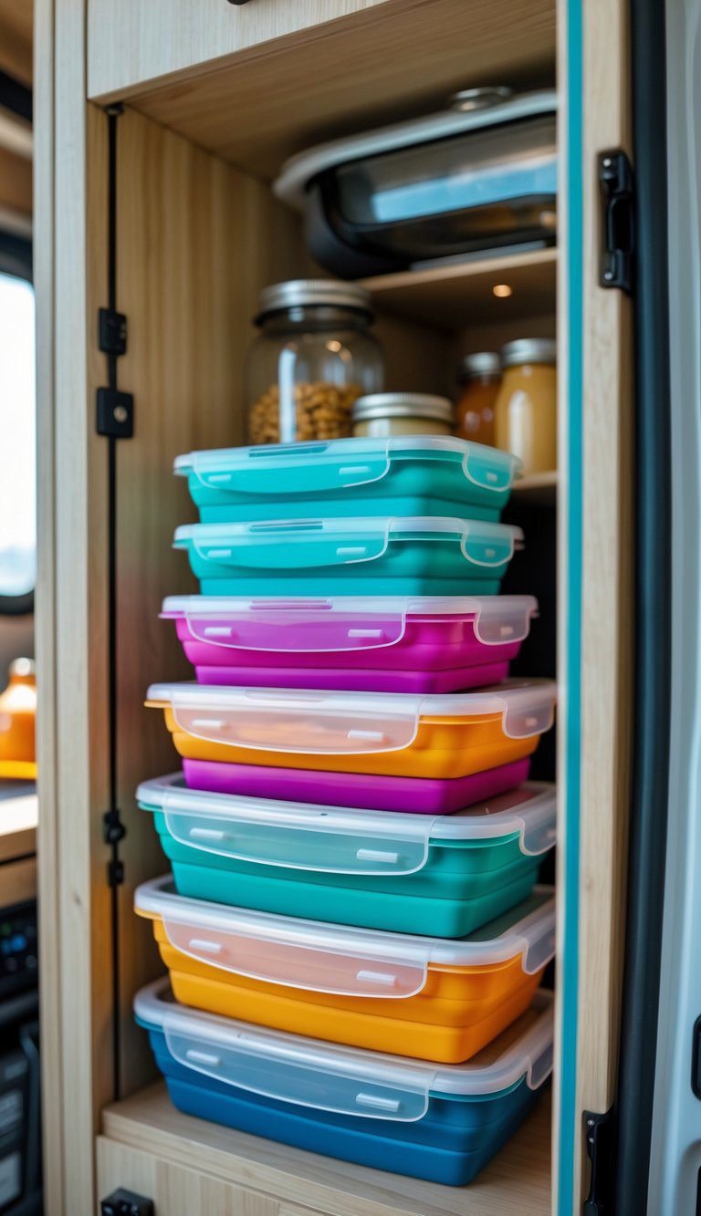 Stackable collapsible silicone food storage containers neatly organized inside a small camper kitchen cabinet with other camping items.