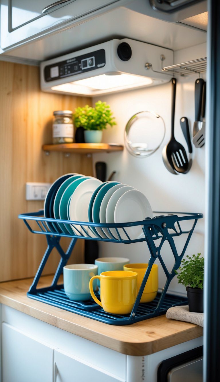 A fold-flat drying rack with dishes drying on a small kitchen counter in a compact camper kitchen with organized cabinets.